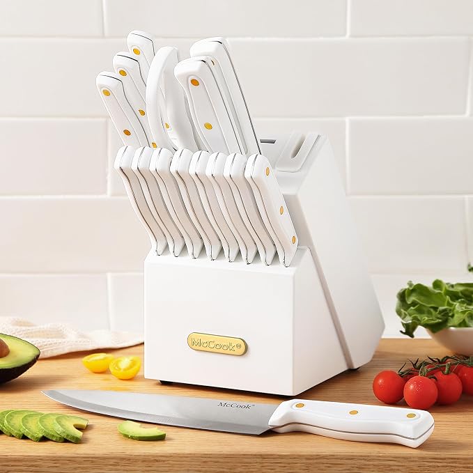 McCook Knife Set White Kitchen Knife Block Set w Built-in Sharpener | German Forged Stainless Steel,26 PC,Razor Sharp,Anti-Rust,Restaurant Grade,Ergonomic Handles,Full Tang,Gift Box - Image 7