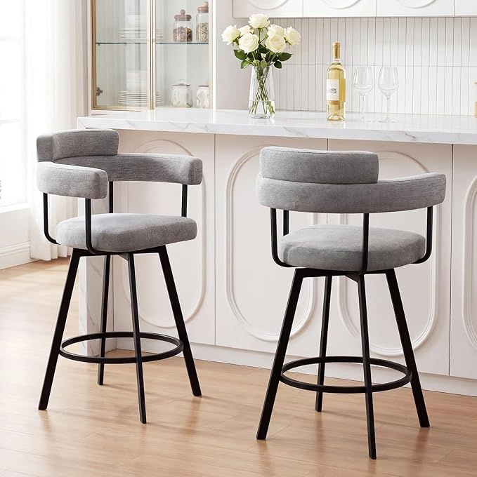 Flouki Swivel Bar Stools with Backs and Arms, Modern Bar Stools Set of 2 for Kitchen Island, 26" Upholstered Linen Counter Height Bar Stools for Kitchen Counter, Dining Room, Grey by Flouki