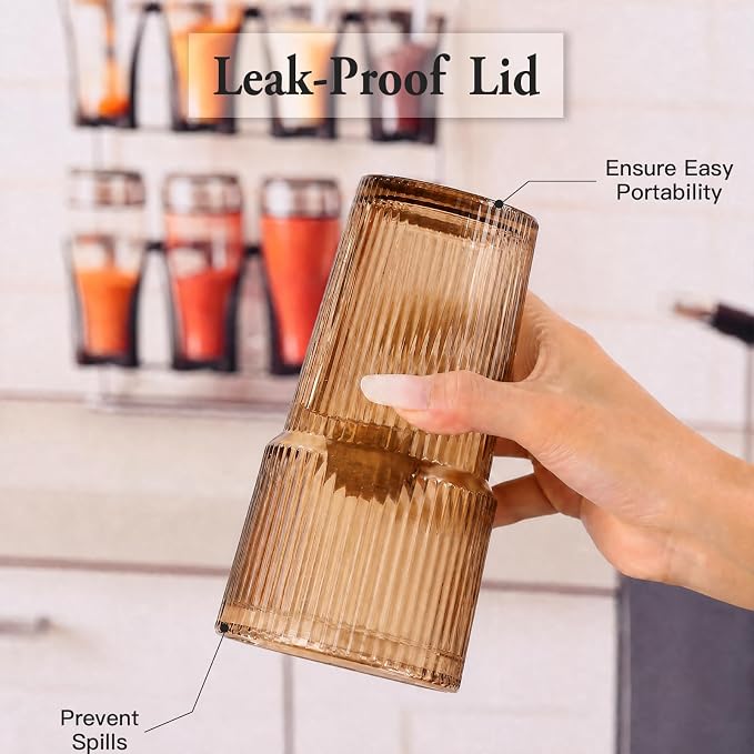 4PCS Brown Drinking Glasses, Ribbed Glass Cups with Lids and Straws, 20oz Vintage Drinking Glasses, Aesthetic Iced Coffee Cups, Glass Tumbler for Boba, Beer, Tea, Cocktails, Yellow Glassware (Brown-4) - Image 4