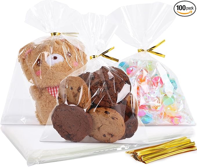 SUREHOME Cellophane Treat Bags 5x7 In 100 Pcs Individual Cookie Bags Small Plastic Clear Gift Bag with Ties for Gift Giving Birthday Party Favors Candy Snack Dessert Baked Goods Packaging by SUREHOME