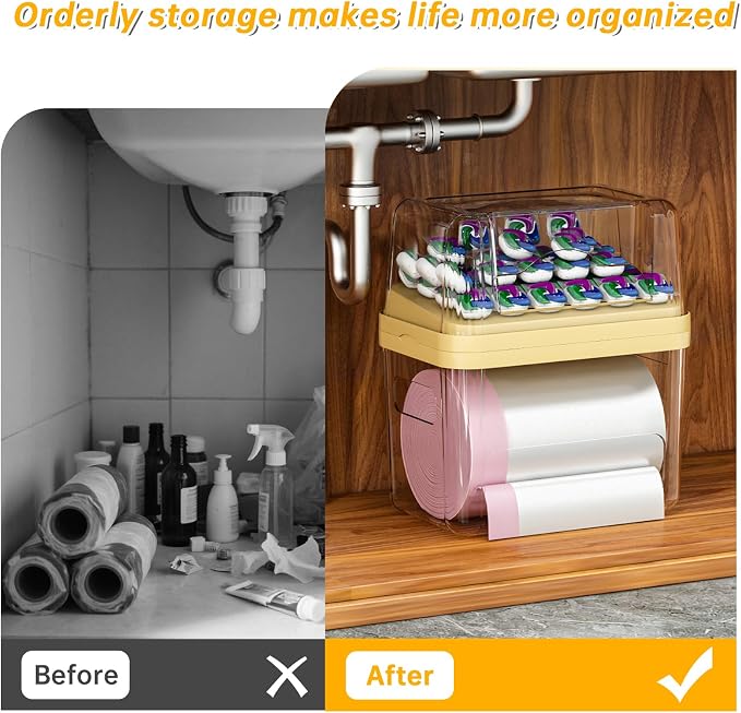 2-in-1 Trash Bag Dispenser & Laundry/Dishwasher Pods Container, Clear Acrylic Garbage Bag Holder with Removable Lids, Under Sink Organizer Kitchen Pantry Storage Box - Image 7