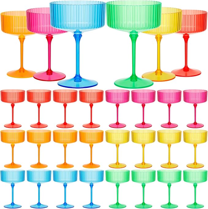 Jingmore 24 Pcs Ribbed Martini Glasses 10 oz Disposable Plastic Vintage Ribbed Coupe Glasses Unbreakable Dessert Parfait Glassware for Wedding Birthday Party Supplies (Hawaii Colors) by Jingmore