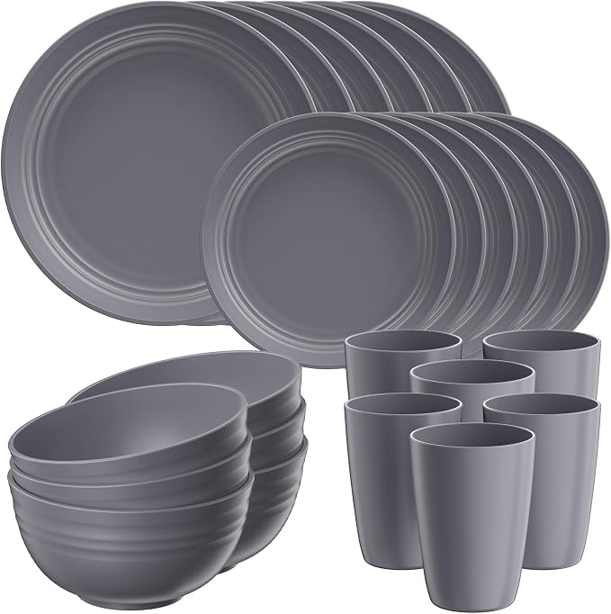 Quatish 24 Piece Plates and Bowls Sets for 6, Unbreakable Dinnerware Sets, Plastic Dish Set for Camping, Dishwasher Microwave Safe, Outdoor Kitchen and Apartment Dorm Dinning RV Essentials, Grey by Quatish