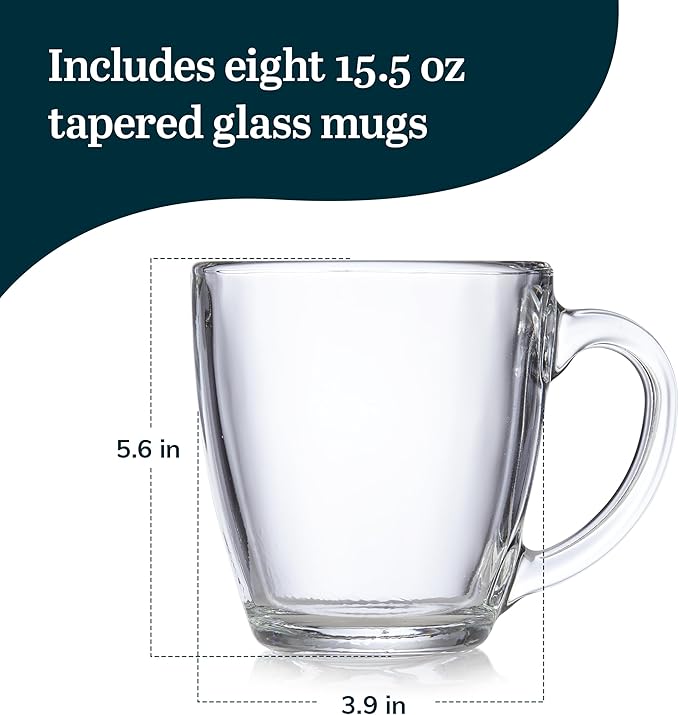 Libbey Tapered Glass Mug Set of 8, 15.5 Oz Thick, Clear Glass Coffee Cups w/ C-Shaped Handle, Dishwasher Safe Coffee Mugs Set for Tea, Cider and More