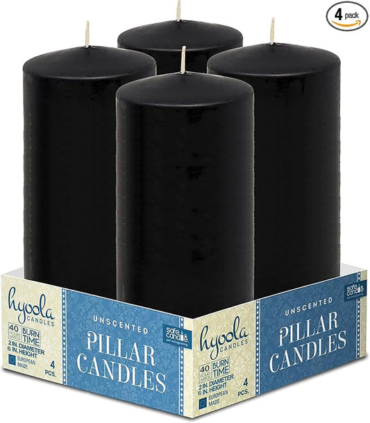Hyoola Black Pillar Candles 2x6 Inch - 4 Pack Unscented Pillar Candles - European Made by Hyoola