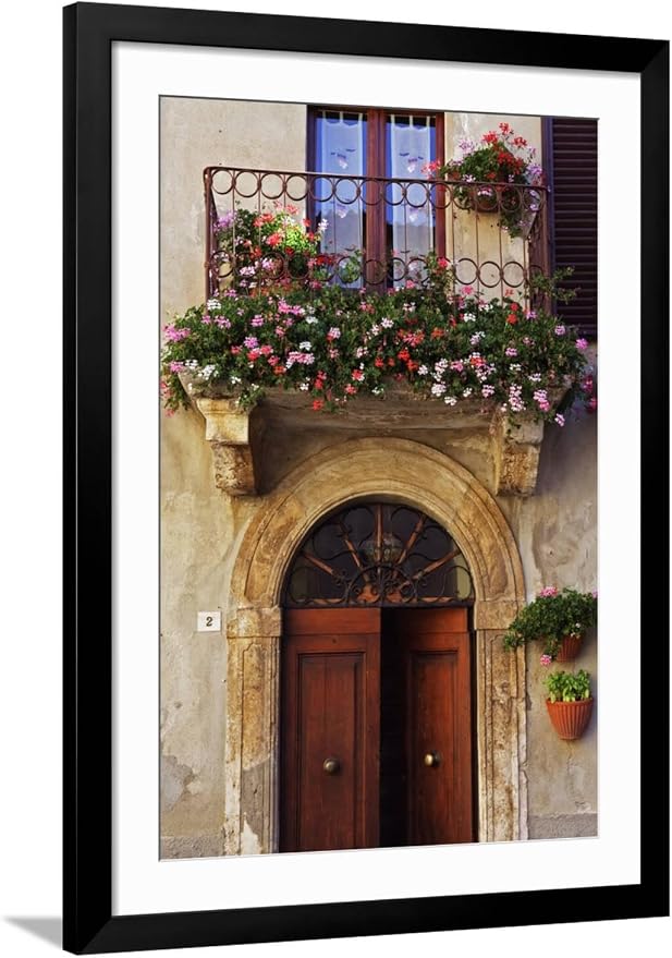 ART.COM Wall Photo Balcony Flowers and Doorway in Pienza Tuscany Italy on Black Frame by Julian Castle, 32" x 44" by ART