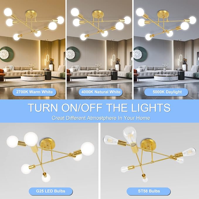 CANMEIJIA Modern Sputnik Chandelier, Ceiling Light Fixture Flush Mount 6-Lights Gold Chandeliers for Living Room Bedroom Dining Room Kitchen, Mid Century Chandeliers, E26 Base, Bulbs Not Included - Image 5