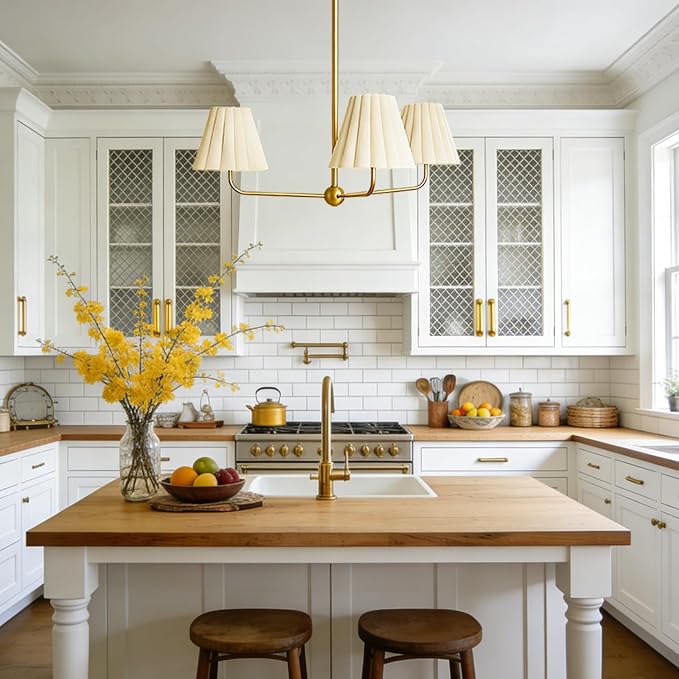 Mid-Century 3-Light Chandelier, Aged Brass & Linen | Natural Ivory Pleated Conical Shades, 120° Equal Arms, Perfect for Kitchen Island, Dining Room, Living Room - Image 6