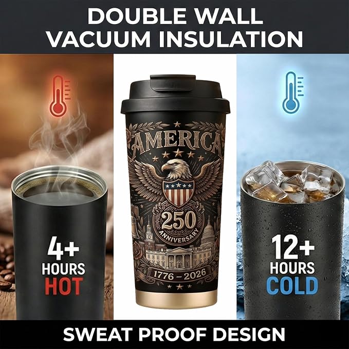 250th Anniversary Coffee Mug, 18 oz Insulated Mug, 250 Years America Garden Flag, Vintage Patriotic Design with 1776-2026 Dates, Military Anniversaries, Retirement & Holiday Commemorative Gift, Black - Image 7