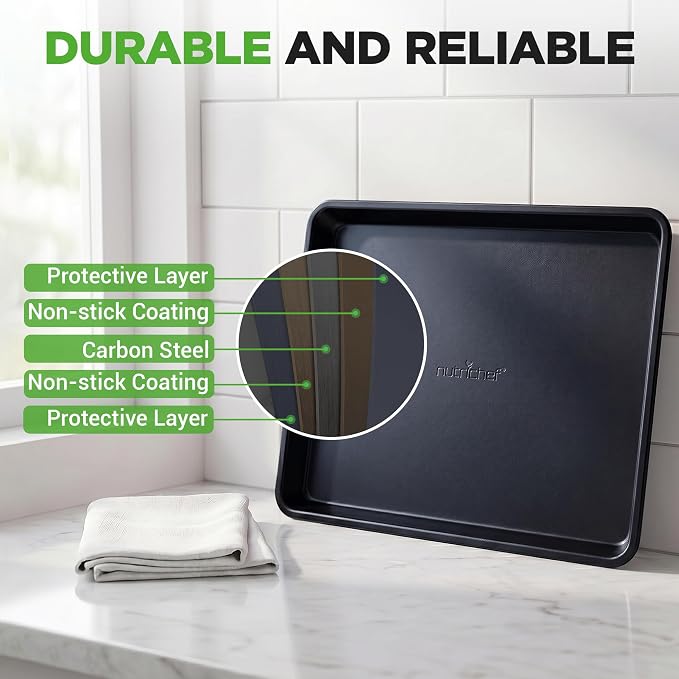 NutriChef Non-Stick Cookie Sheet Baking Pans, 2-Piece Oven Baking Trays w/ Superior Nonstick Coating - 15" x 11" & 13" x 9" Sizes for Convenient Roasting & Baking - Dishwasher Safe - Image 4