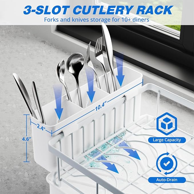 Godboat 2-Tier Dish Drying Rack - Dish Rack with Auto Drain-to-Sink & Mat | Dish Racks for Kitchen Counter, Dish Drainer with Knife Fork & Cup Rack, Gifts for Women, Mothers Day, Kitchen Gadgets, White - Image 5