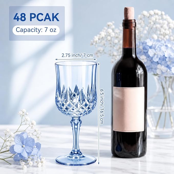 Sliner 96 Pcs 7oz Plastic Vintage Wine Glasses Drinking Goblets Unbreakable Crystal Water Glassware Reusable Diamond Champagne Flutes Cups for Wedding Banquet Birthday Party Supplies (Light Blue) - Image 3
