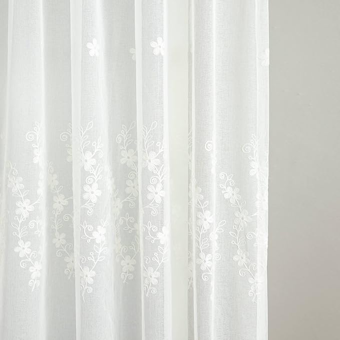 White Sheer Curtains 63 inches Length, Embroidered Window Treatment Curtain Sheer Voile Panels for Kitchen, Small Windows, 42x63, 2 Panels - Image 6