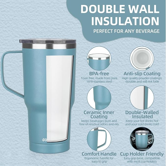 20 oz Insulated Coffee Mug with Ceramic Coating, Stainless Steel Travel Mug Tumbler with Handle Lid and Straw, Double Wall Leak-Proof Coffee Travel Mug Keeps Drink Hot and Cold (Lake Green) - Image 3