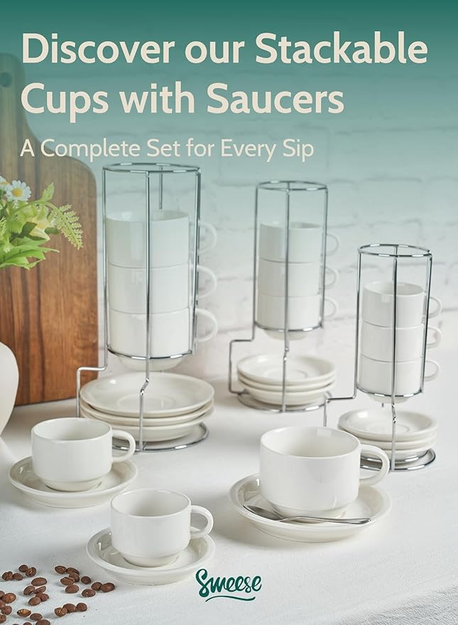 Sweese Porcelain Espresso Cups Set, 4 oz Stackable Cups with Saucers Metal Stand, Set of 4, White