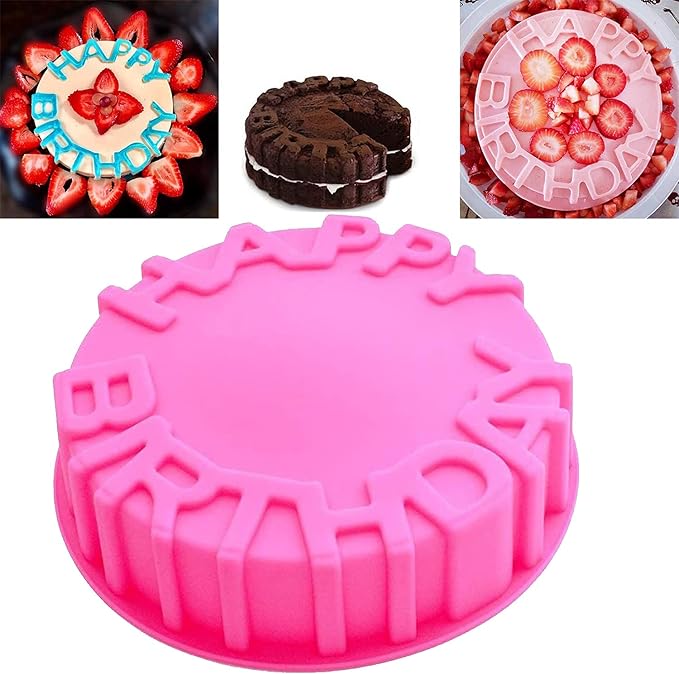 Birthday Cake Molds for Baking Silicone Cake Pan Tools，Non-stick Cheese Reusable and Durable Pastry Mould for Dessert, Cookie, Bread, Pudding, Jelly, Chocolate and More（Pink、7.9in）