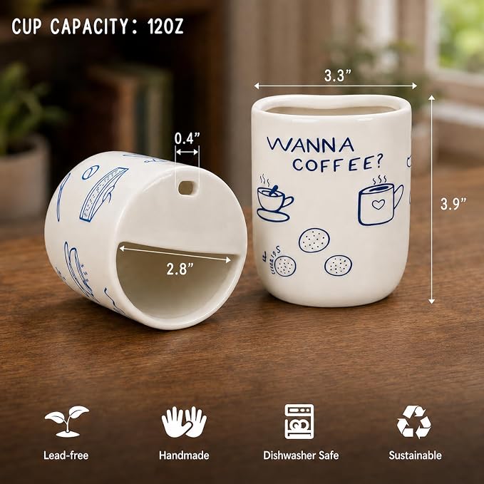 Ceramic Travel Mug with Half Lid, Funny Blue Pattern Ceramic Coffee Mug with Sip Hole, 12oz Ceramic To Go Cup, Unique Gift for Coffee Tea Lovers - Image 5