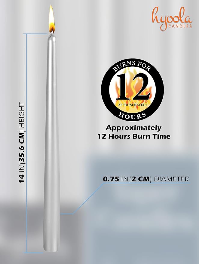 Hyoola 12 Pack Tall Metallic Taper Candles - 14 Inch Silver Metallic, Dripless, Unscented Dinner Candle - Paraffin Wax with Cotton Wicks - Image 3