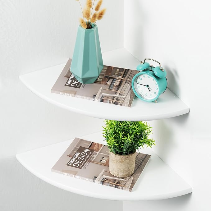 White Corner Shelf, Wall Mount 12inch Natural Oak Wood Floating Corner Wall Shelf Round End Small Corner Nightstand Plant Shelf for Bedroom, Kitchen, Living Room Set of 2 by Beugawhoo