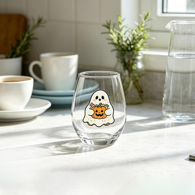 Halloween Stemless Wine Glass, Cute Pumpkin Ghost Cat Egg Shaped Tumbler, Clear Waterproof Printed Glassware, Festive Decorative Cup, Halloween Party Supplies & Holiday Gift for Women, C - Image 5
