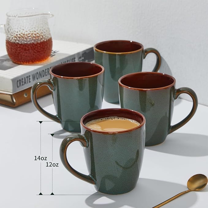 Pokini Coffee Mug 14 oz, Ceramic Coffee Mugs Set of 6, Reactive Glaze Mug for Latte/Tea/Cappuccino, Large Stackable Mug Set for Men, Women, Dad, Mom, Dishwasher & Microwave Safe, Brown Green - Image 3