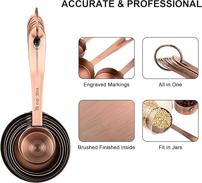 Measuring Cups and Spoons Set, Copper Measuring Cups and Spoons Set 17, Stainless Steel Measuring Cups and Spoons set, Metal 7 Measuring Cups and 9 Measuring Spoons with 1 Leveler for Kitchen