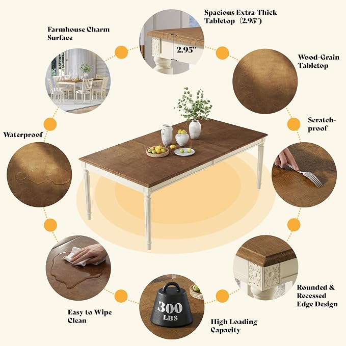 AMERLIFE 79" Rustic Farmhouse Dining Table with Solid Wood Top, Cream | Solid Wood Construction, Roman Conical Legs, Large Rectangular Design, Seating for 6 to 8 - Image 4