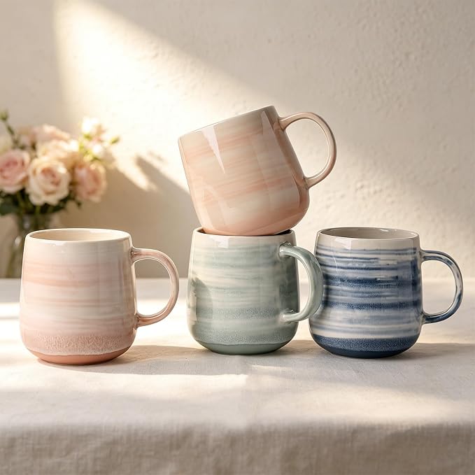 Coffee Mugs Set of 4, 12 oz Mugs Set, Ceramic Coffee Cups with Large Handles, Pastel Gradient & Striped Designs， Dishwasher and Microwave Safe Mugs for Coffee, Tea, Milk by ALOFMO