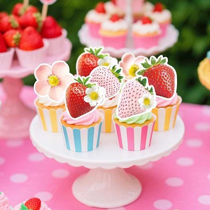 72Pcs Edible Strawberry Cupcake Toppers Wafer Paper Strawberry Flower Bridal Engagement Baby Shower Kids First Birthday Party Cake Decorations Supplies - Image 2
