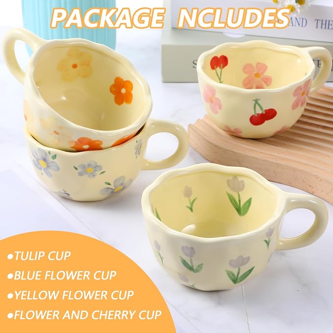 Lemecima 4 Styles Cute Ceramic Flower Coffee Mug Set 8.5 oz Vintage Aesthetic Porcelain Floral Tea Coffee Cup with Handle Dishwasher Microwave Safe for Thanksgiving Christmas Gifts for Women Gifts - Image 3