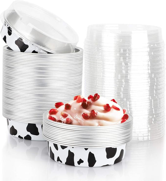 Beasea 4 Inch Pie Tins with Lids, 50 Pack 8 Oz Mini Tart Pan Disposable Pie Tins, Black White Aluminum Foil Flat Baking Cups Round Muffin Container for Mini Cheesecake Tart Quiche by Beasea