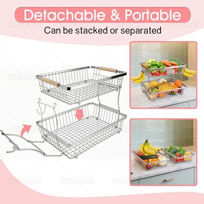 Fruit Basket Bowl 2 Tier Detachable with 2 Banana Hangers, Fruit Stand Holder for Kitchen Countertop, Metal Wire Vegetable Storage Organizer, for Bread Snack Veggies Produce, Chrome - Image 4