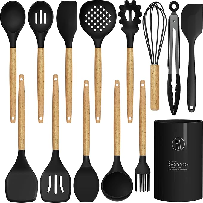 oannao Silicone Cooking Utensils Set - 446°F Heat Resistant Silicone Kitchen Utensils for Cooking,Kitchen Utensil Spatula Set w Wooden Handles, BPA FREE Gadgets for Non-Stick Cookware (Black) by oannao