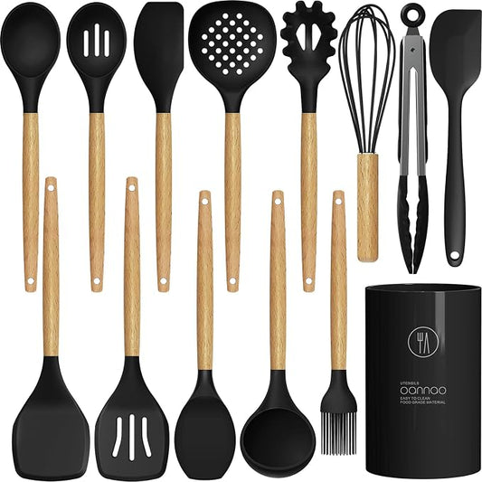 oannao Silicone Cooking Utensils Set - 446°F Heat Resistant Silicone Kitchen Utensils for Cooking,Kitchen Utensil Spatula Set w Wooden Handles, BPA FREE Gadgets for Non-Stick Cookware (Black) by oannao