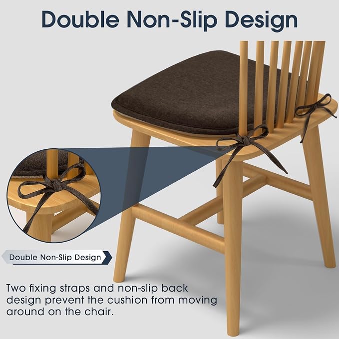 TushGuard Chair Cushions, 4 Pack Memory Foam Chair Pads, Brown | Dining Chair Pads with Fixed Straps, Thin Seat Cushion, Anti-Slip Kitchen Chair Cushion Set - Image 4