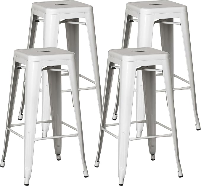 4-pcs 30-inch Backless Metal Bar Stool Stackable Heavy-Duty Counter-Height Chair for Home Bars Patios Kitchen Islands Cafes Restaurants Bistros and Dining Areas for Indoor & Outdoor, White by Basicwise