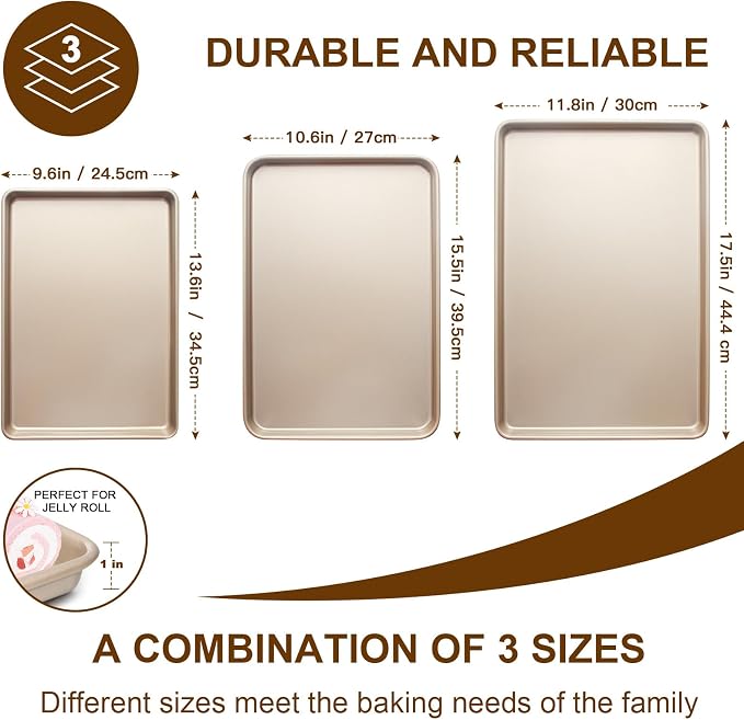 Baking Sheet Pan Set of 3, Nonstick Commercial Cookie Sheets for Baking | Commercial Half/Quarter/Jelly Roll Pans Replacement Toaster Oven Tray, Heavy Duty & Easy Clean - Image 3