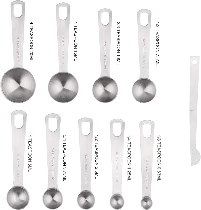 Measuring Spoons Set 9, 18/8 Metric & US Stainless Steel Measuring Spoons 1/8, 1/4, 1/2, 3/4, 1 tsp, 1/2, 2/3, 1 Tbsp, 4 Tsp. 1 Measurer Ingredient Leveler and 1 Locking Ring