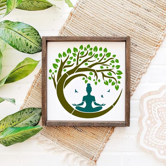 FINGERINSPIRE Tree of Life Stencil with a Paint Brush 11.8x11.8Inch Reusable Yoga Practitioner Stencil PET Birds Yoga Decoration Template Plant Theme Template for Wood Wall Floor Furniture - Image 4