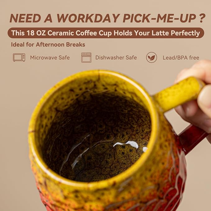 18oz Unique Yellow & Red Kiln-Change Ceramic Coffee Mug, Handcrafted Hammered Texture Ceramic Mug with Ergonomic Handle, Microwave & Dishwasher Safe, Gift for Coffee Lovers, Home Office Daily Use - Image 4
