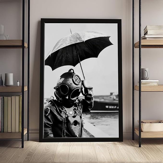 Deep Sea Diver Holding Umbrella, 1940s Paris, Black And White Vintage Photo, Lake House Poster Canvas Poster Wall Art Decor Print Picture Paintings for Living Room Bedroom Decoration Black Frame 16x24 - Image 4