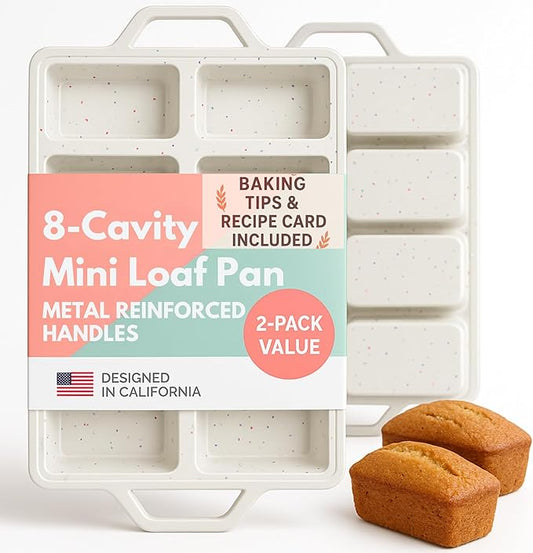 2-Pack Silicone Mini Loaf Pan Set – 8-Cavity Nonstick Baking Molds with Metal-Reinforced Handles – BPA-Free, Odor-Resistant Silicone Pans for Mini Bread, Cakes & Meatloaf – Cream