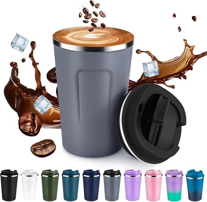 Volhoply 12 oz Double Wall Insulated Vacuum Travel Coffee Mug with Flip Lid,Reusable Stainless Steel Leak Proof Coffee Cup,Portable Iced Cafe Thermal Tumbler Suitable for Hot & Cold Drinks(Gray,1 Set) by LiveFully%EF%BC%8CDrinkFreely%E2%80%94KeepGoingwithVolhoply%EF%BC%81