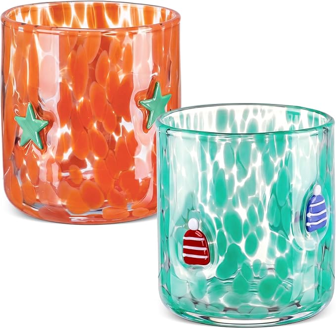 LemonRoad 2 Pcs Christmas Glass Cups 16 oz Green Star Mini Hat Icon Juice Glasses Double Old Fashioned Wine Coffee Cocktail Cups Drinking Glassware for Holiday Xmas Party Supplies Gift by Unknown
