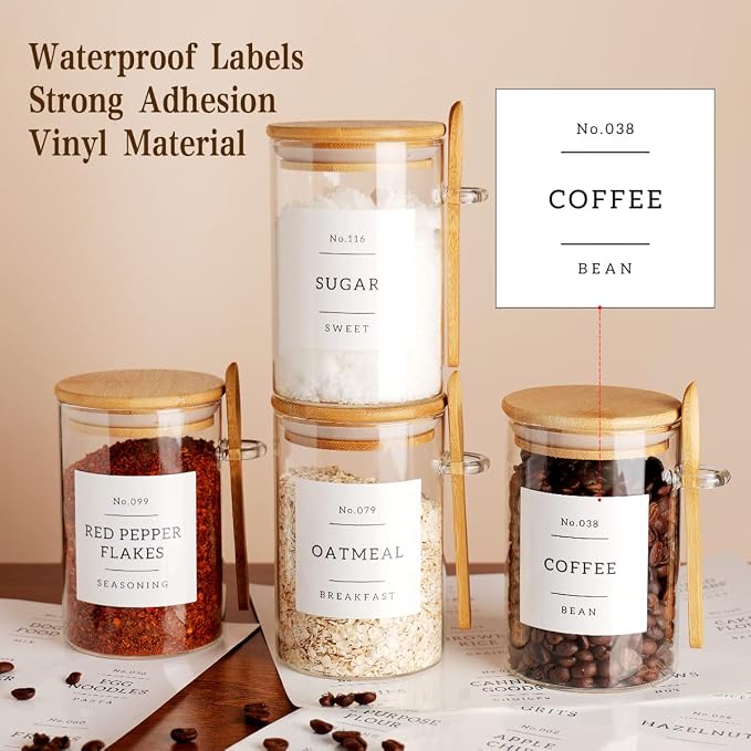 CZZGSM Glass Jar with Bamboo Lid and Spoon - 4 Pcs 17 oz Sugar Container with 132 Food Pantry Labels - Glass Containers with Wooden Lids Hold Coffee, Tea, Candy - Image 3