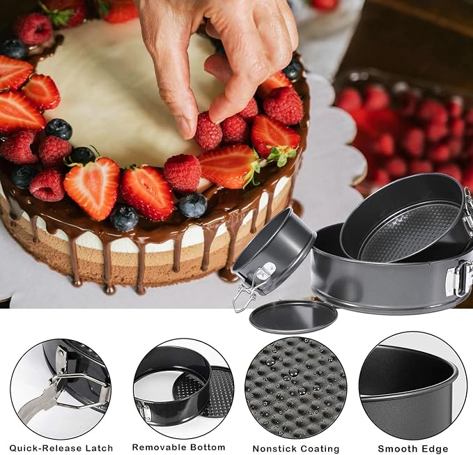 Round Cake Pan Sets for Baking Cake Decorating Supplies: 4 Non-Stick Springform Pans Set (4, 7,9,10 inches), Icing Tips, Cake Leveler – Multi-functional Leak-Proof CheeseCake Pan - Image 3