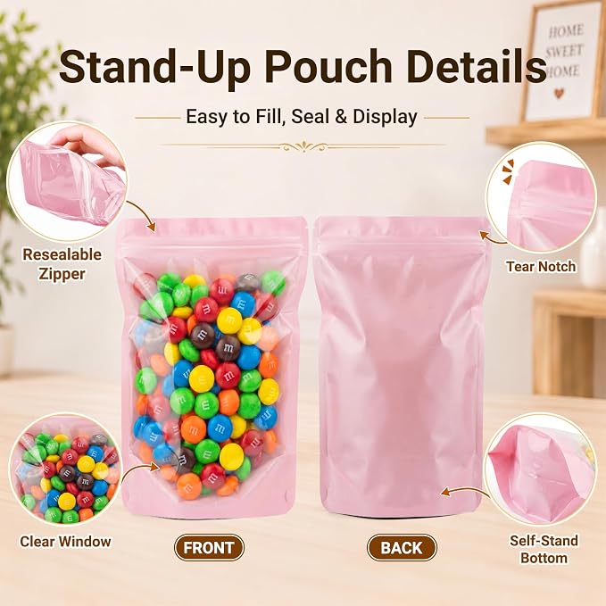 ANZNKU 100PCS Mylar Bags Resealable Small Smell Proof Bags(Pink, 5.5x7.8) | Stand Up Foil Pouches Clear Window, Sealable Bags for Small Business Packaging Snack Party Favors Candy Treats Food Storage - Image 4