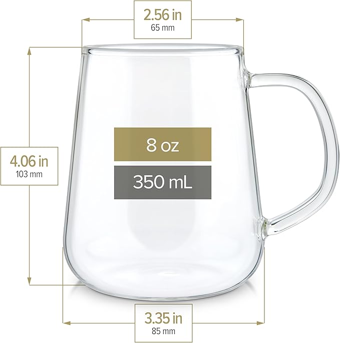 Teabloom Set of 2 Premium Borosilicate Glass Cups for Tea or Coffee - 8 Ounces / 240 ml - Stain-free and Microwave Safe