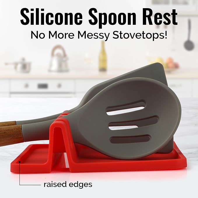 Zulay Kitchen Silicone Utensil Rest with Drip Pad for Multiple Utensils - BPA-Free, Heat-Resistant Spoon Rest & Spoon Holder for Stove Top - Kitchen Utensil Holder for Ladles & Tongs - Red - Image 2