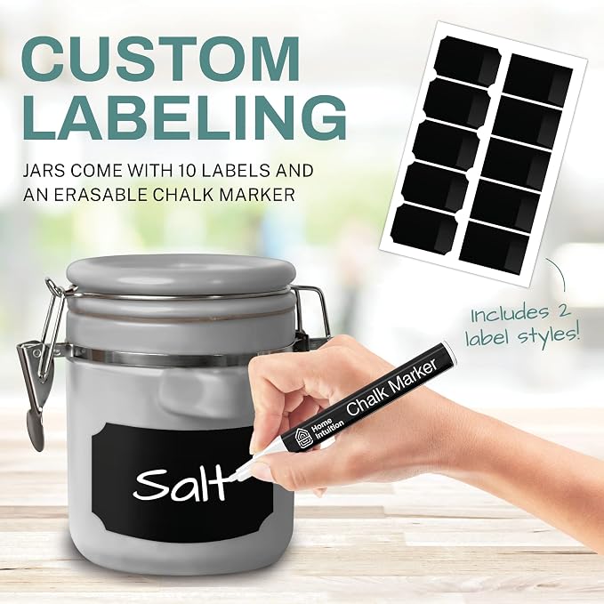 Home Intuition 4-Piece Ceramic Kitchen Canisters Set, Airtight Containers with Wooden Spoons Reusable Chalk Labels and Marker for Sugar, Coffee, Flour, Tea (Grey) - Image 2